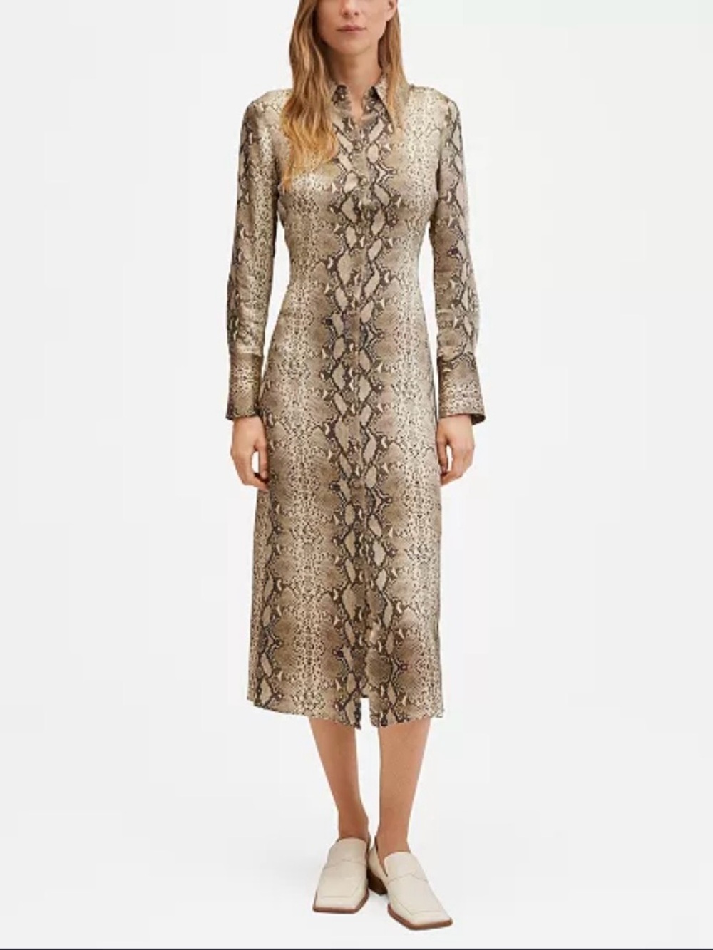 Mango Neutral Snake-Print Long-Sleeve Midi Dress Sz 6